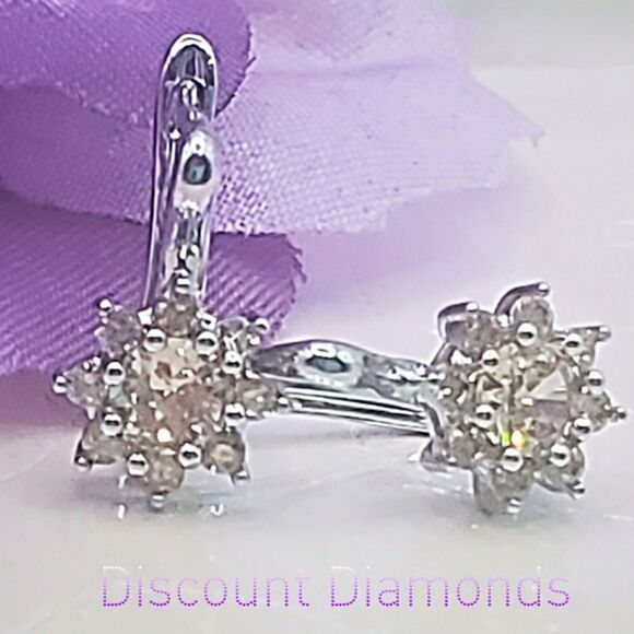 18K Yellow Gold on 925 Silver Champagne Diamond Flower Latch Back Earrings - Picture 3 of 7